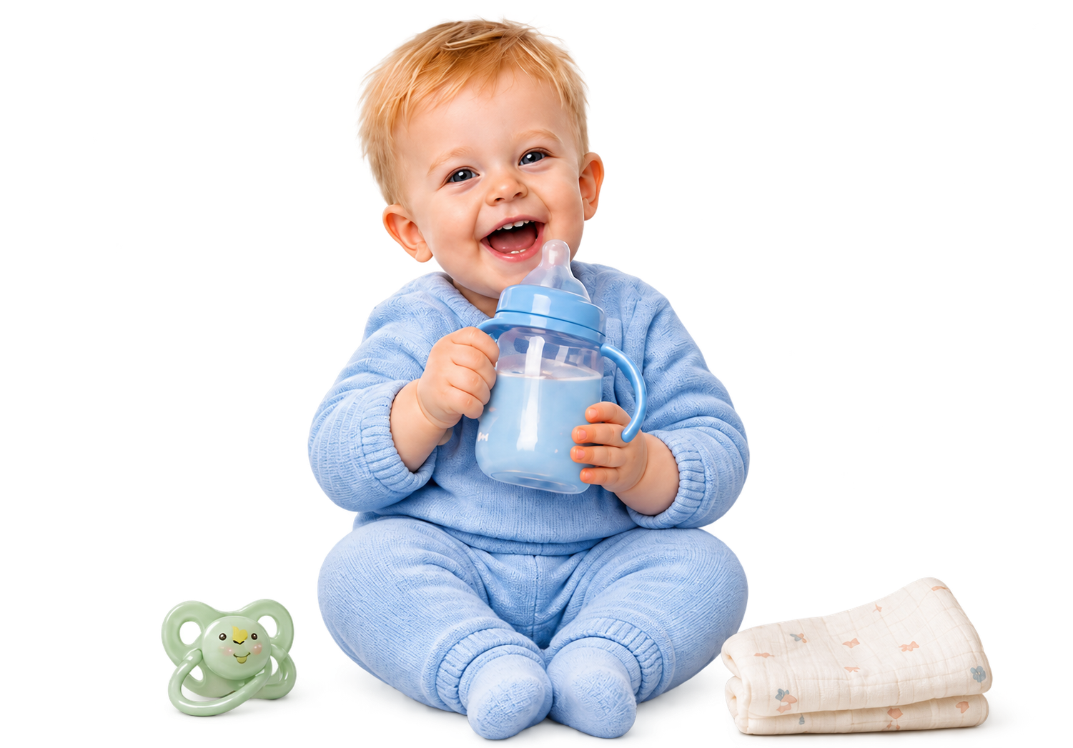 Smiling baby holding a bottle, with a pacifier and folded towel